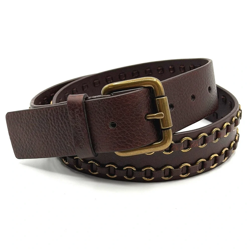 Y2K Calvin Klein Leather Belt Brown Brass Chain Stud Boho Western Medium 36
